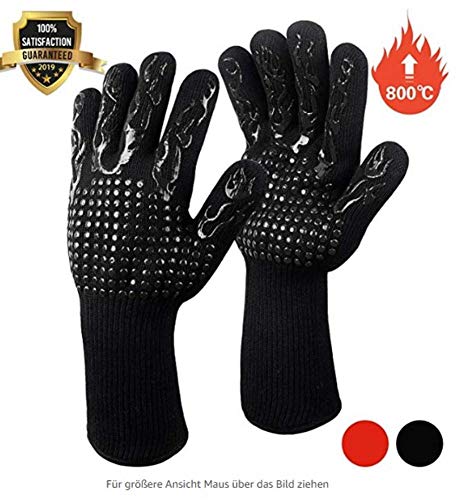 Preisvergleich Produktbild Fesoar Grillhandschuhe, Topflappen Hitzebeständige Grillhandschuhe Kochhandschuhe bis 800 ° C 1 Paar Rutschfest mit Silikon EN407 zum Grillen, Kochen, Backen, Schweißen (Schwarz)