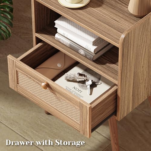 SUPERJARE Nightstands Set of 2, Night Stands with Charging Station & PE Rattan Decor Drawer, Bed Side Tables with Solid Wood Feet, End Table, for Bedroom, Living Room, Walnut