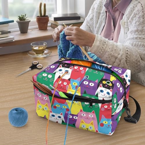 Image of Drnuikhe Colorful Cats Large Crochet Bag Knitting Bags and Totes Organizer, Large Capacity Yarn Storage for Knitting Needles, Crochet Hooks and Other Accessories