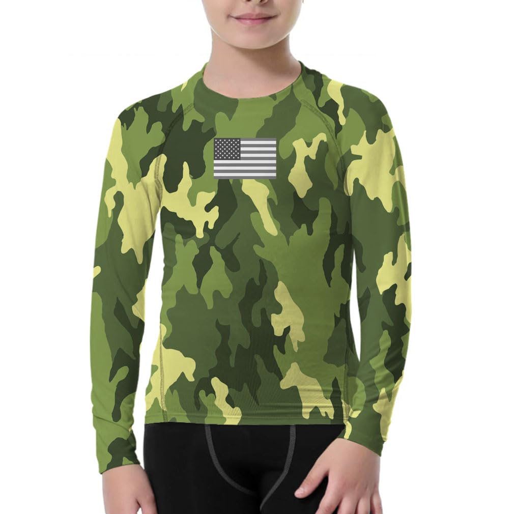 Kids' Patriotic Rash Guard - Youth Boys and Girls Jiu Jitsu Rash Guards UPF+ 50 Swimming Surf Sun Shirt Green Camo