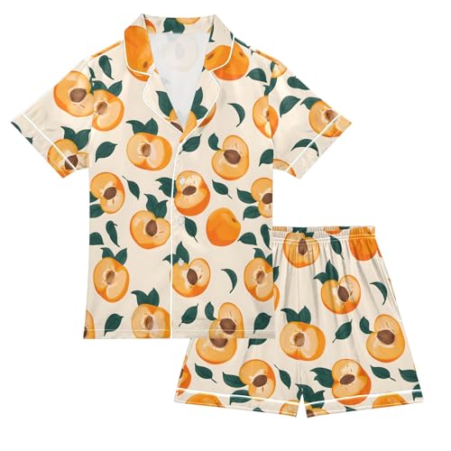 Peach with Leaves Pattern Summer Satin Pajama Set, Cute Button-Down Sleepwear Pj Set for Sleep Wears