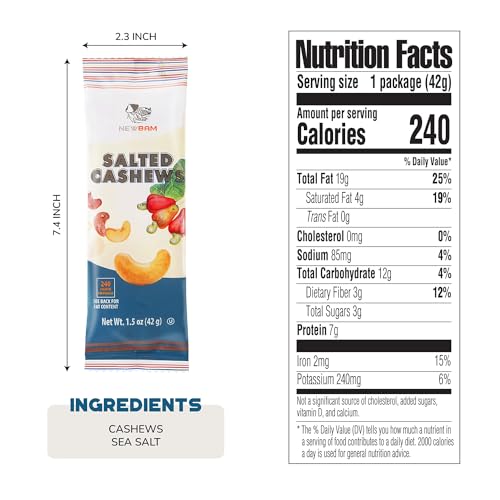 Image of NEWBAM Lightly Salted Cashews - 12 Individual Packs - Vegan, Keto-Friendly | Just two ingredients: cashews & sea salt. Gluten-Free, Zero Sugar. 9g net carbs. From Binh Phuoc, Vietnam.