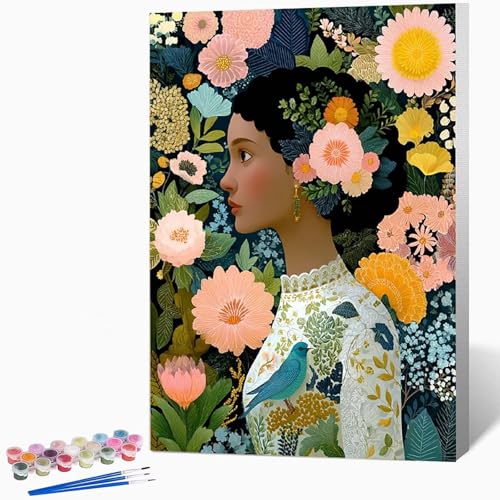 女性 ペイントバイナンバーキット花 数字油絵 塗, DIY手描き油絵セット(ブラシ3本とアクリル絵の具を含む)、キャンバスセット、家の壁の装飾ギフト,誕生日プレゼント女性 40*60CM フレームなし -WX251058N