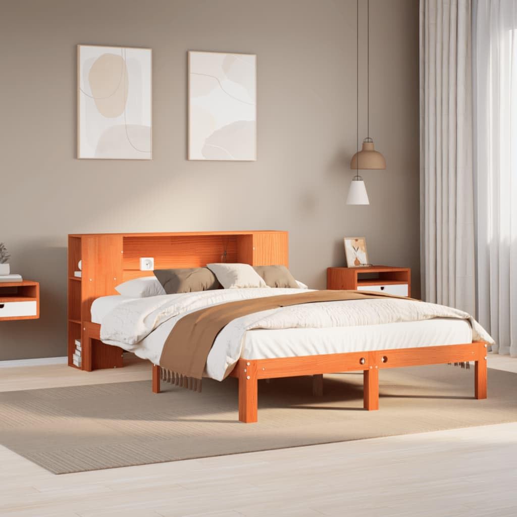 lite drewno sosnowe z regałem wezgłowie 140x190 brąz | Łóżko sosnowe z regałem 140x190cm, woskowy brąz, bez materaca, drewniana rama z stelażem, zagłówek z półkami