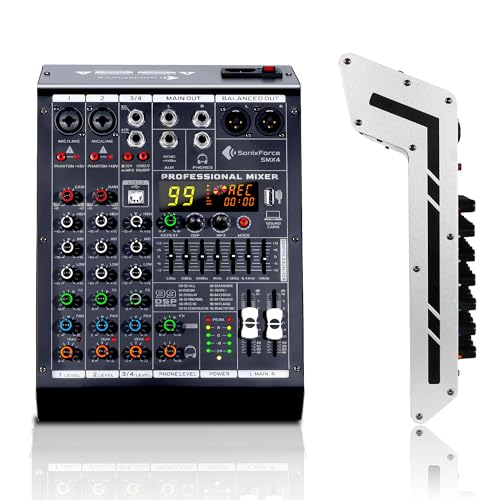 SonixForce 4 Channel Audio Mixer, 99 DSP Sound Board Console with 48V Phantom Power, Professional DJ...