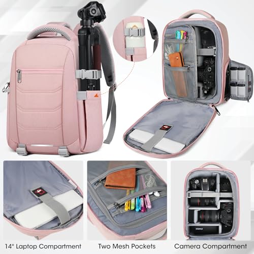 Image of SDYSM Camera Bag Backpack Professional for DSLR SLR Mirrorless Camera | 14 Inch Waterproof Camera Laptop Backpack with Rain Cover Anti Theft Travel Case Large Capacity Photography Backpack, Pink