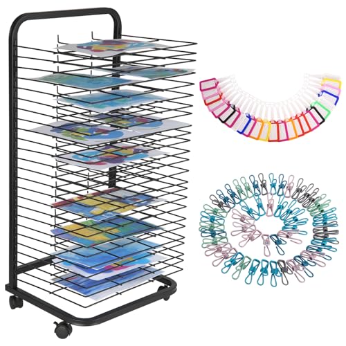 Hapihom Estante de secado de cuadros con 25 compartimentos y ruedas extraíbles, estante de secado de fotos móvil para aulas, estudios, arte, impresiones 45 x 35 x 105 cm