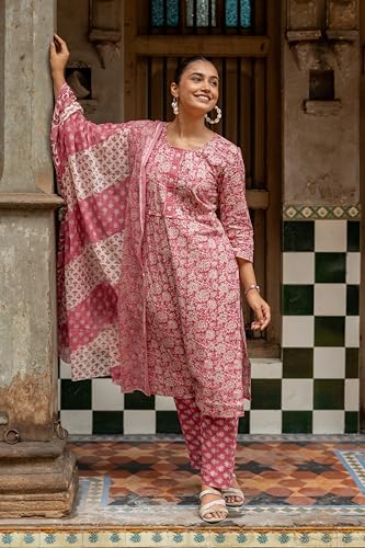 Image of MIRCHI FASHION Women's Straight Fit Pure Cotton Embellished Floral Printed Kurta Set with Dupatta and Trouser