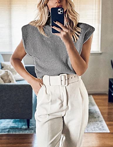 Ameliever Women's High Neck Knit Sweater Vest Sleeveless Ribbed Pullover Tank Tops(Grey-L) #TOP1