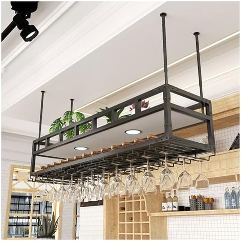 Ceiling Wine Glass Rack - 2 Layer Adjustable Height Stemware Wine Glass Holder Glasses Storage Hanger Metal Organizer with Light, for Bar Cafe Kitchen Island(Gold,59in)
