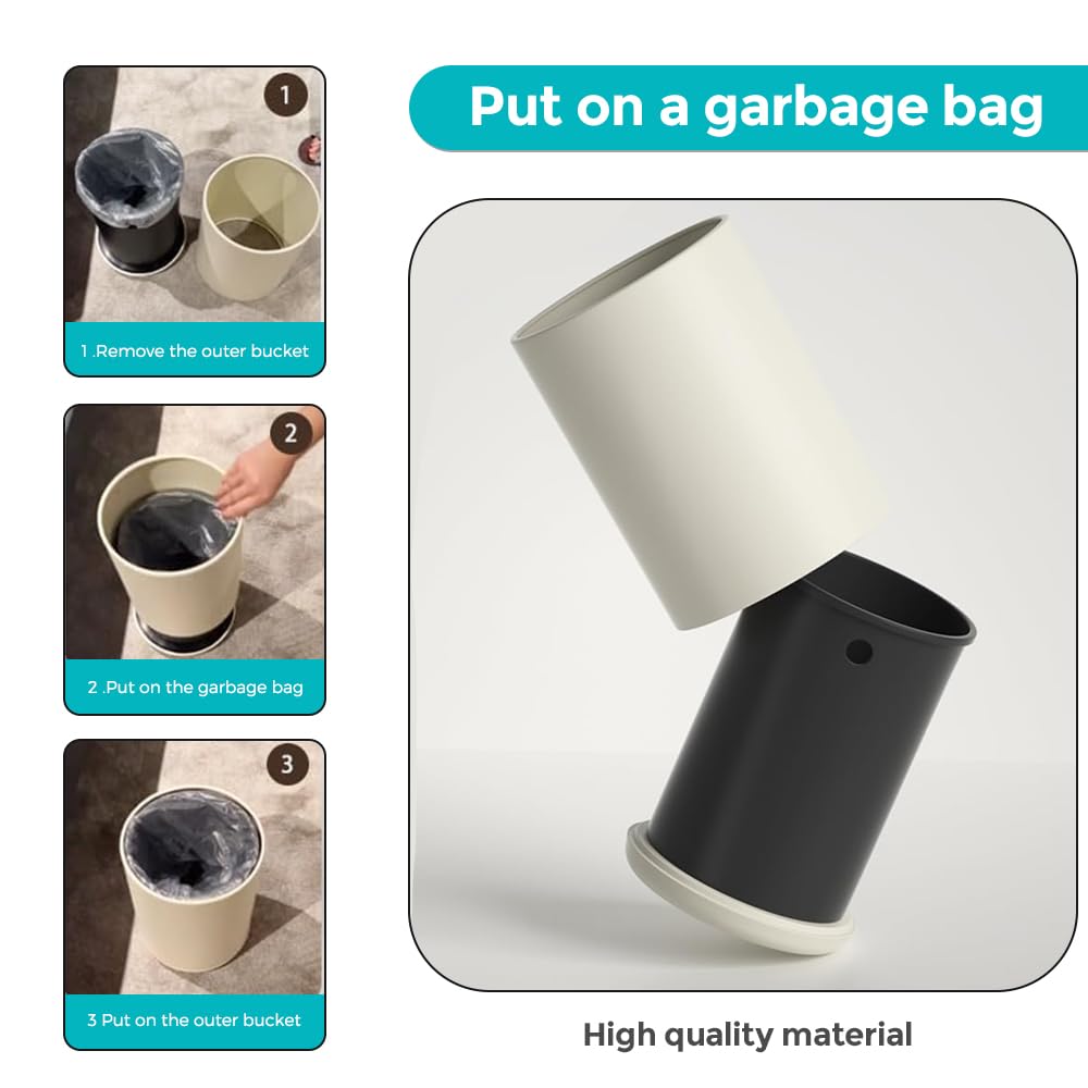 2.1 Gallon/8L Bathroom Trash Can, Round, Modern, Open Top Waste Basket, White Metal Garbage Can, for Bedroom, Hotel, Kitchen, Office, Home (White)