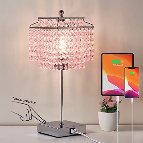 Image of Crystal Touch Table Lamp, Bedside Lamp with USB C+A Ports, Pink Lamp | Dimmable Lamp with Crystal Shade, Nightstand Lamp for Girl Bedroom, Living Room, Bulb Included