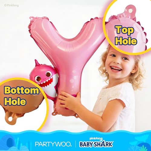 Image of PartyWoo Baby Shark Pink Happy Birthday Banner Letter Balloons 16 Inch Pink Mylar Foil Letter Balloons for Girls and Boys Baby Shark Under the Sea Ocean Theme Kids Birthday Party Decorations