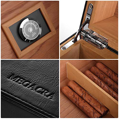 Cigar Humidor, MEGACRA Handmade Desktop Cigar Humidor with PU Leather Surface for 25-50 Cigars, Cedar Wood Lined Cigar Storage Box with Humidifier and Hygrometer