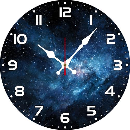 – Cosmic Galaxy Wall Clock 25cm Wooden Round Modern Art Clock Silent No Tick-Tock Battery Powered for Bathroom Bedroom Kitchen Living Room Wall Decoration (Style 5)