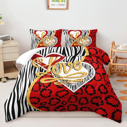 Image of AILONEN Couple Lover Bedding Set Queen Size,Black White Red Romantic Hearts Printed Comforter Set 3 Piece,Modern Bedroom Decor Soft Comforter with 2 Pillowcases
