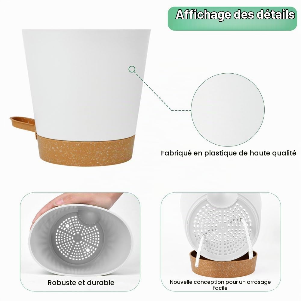 OFFCUP Lot de Pot de Fleur en Plastique, 6pcs Pots de Fleurs Auto-Arrosant, Pots de Plantes avec Trous De Drainage et Soucoupes Amovible pour d'Intérieur et d'Extérieur Jardins de Balcon -Blanc 20cm
