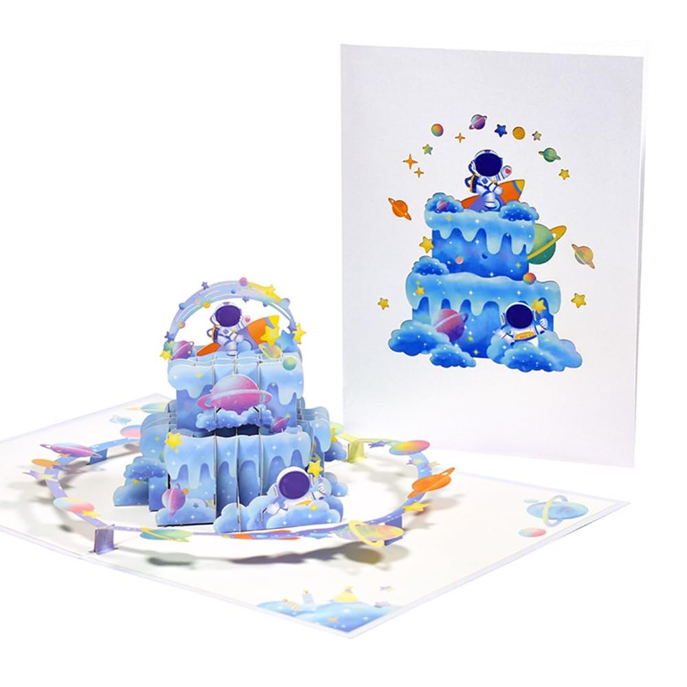 3D Pop Up Space Birthday Card with Cake Astronaut Planets Rocket Galaxy Greeting Card for Boys Girls Friends Family with Envelope