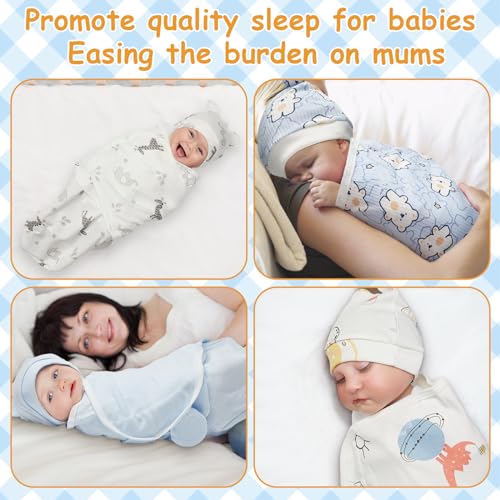 Image of Ramede 6 Pack Swaddle Blanket with Hats Swaddle Outfit for 0-3 Months Newborn Sacks Soft Cotton Wearable for Girl and Boy(Bear,Blue)