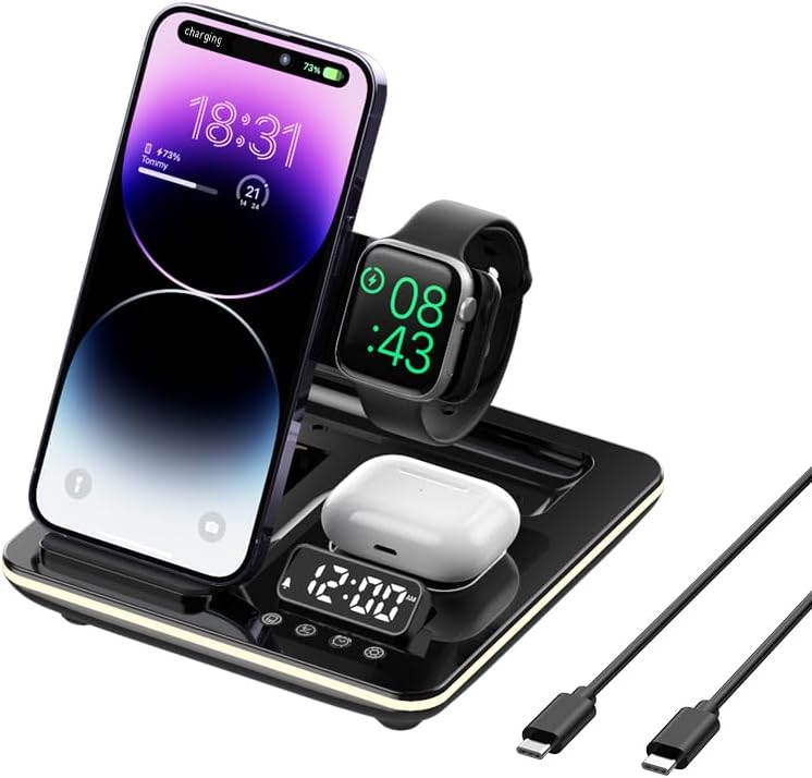 5 in-1 Wireless Charger Phone Charging Station Automatic Lifting Charging Stand Dock Fast Travel Charger for Multiple Devices Adapt with Phone, iWatch Series, AirPods 3/2
