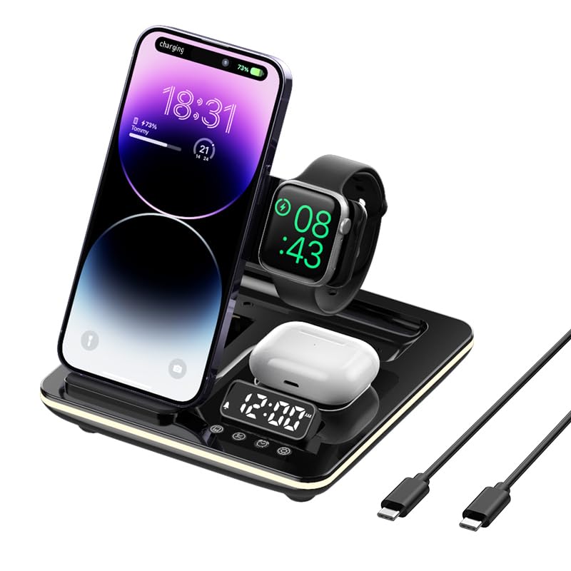 GEEK FULLY 5 in-1 Wireless Charger Phone Charging Station Automatic Lifting Charging Stand Dock Fast Travel Charger for Multiple Devices Adapt with Phone, iWatch Series, AirPods 3/2