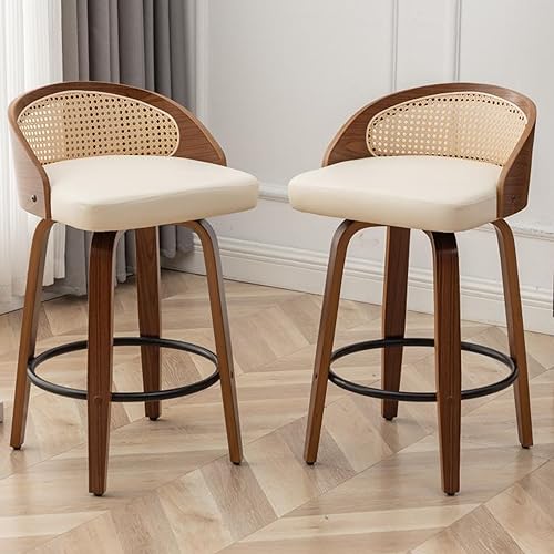 YOUUGIOR 26' Swivel Rattan Bar Stools Set of 2,Mid-Century Modern Beige Faux Leather Upholstered Counter Height Stools,Kitchen Island Barstool with Rattan Low Backrest,Walnut Wood Finish Bar Chairs