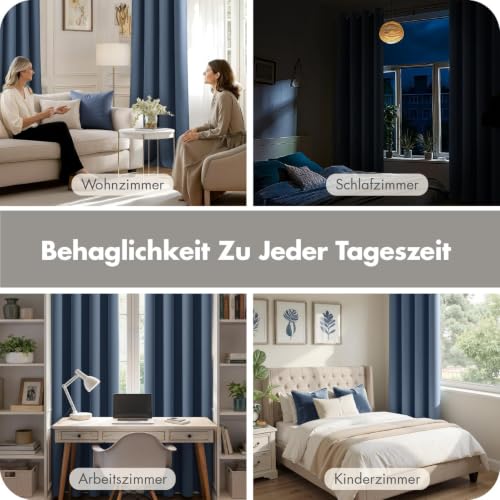 MIULEE Verdunklungsvorhänge Thermo Modern Ösen 2er Set 140x200cm Stahlblau – Ansicht 6