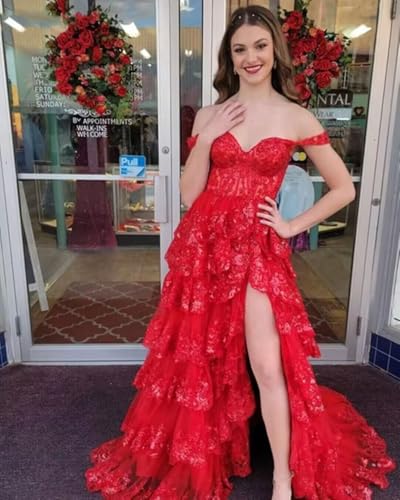 Tiered Tulle Prom Dresses 2025 Long Lace Appliques Off Shoulder Formal Party Gowns with Slit3