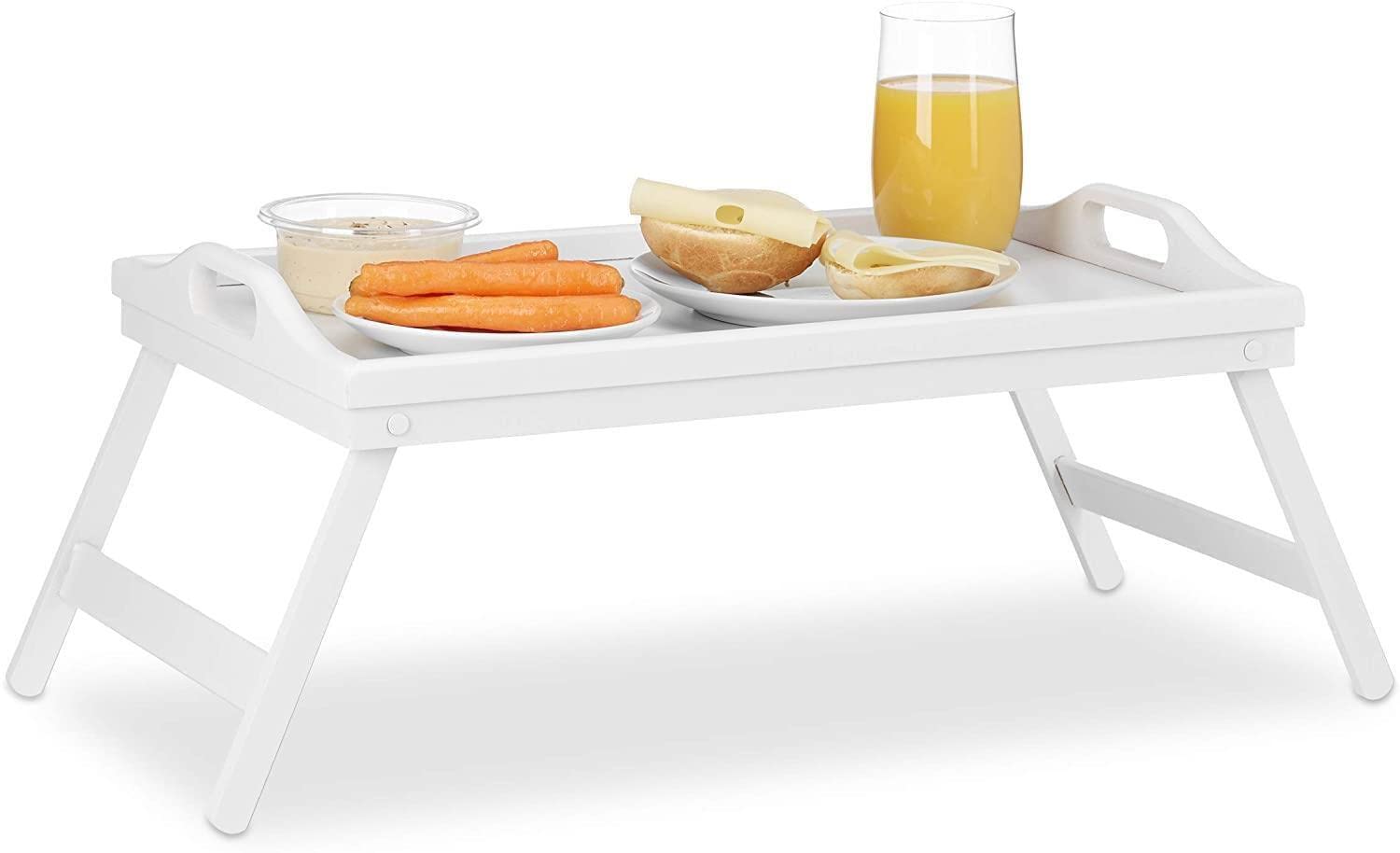 MantraRaj Bamboo Bed Tray Table With Handles & Foldable Legs Multipurpose Lap Tray For Breakfast Serving Tray In Bed, Sofa, Eating, Platters, Working, Drawing, Laptop Stand & Snack Tray (White)