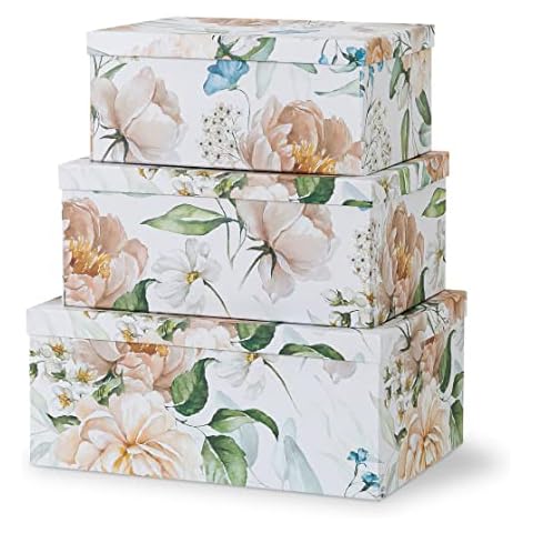Soul & Lane Decorative Cardboard Boxes For Home Décor - Floral Revival - Set Of 3: Nesting Boxes With Lids, Paperboard Storage Boxes For Organizing, Photo Storage Boxes, Large Keepsake Memory Boxes Cover