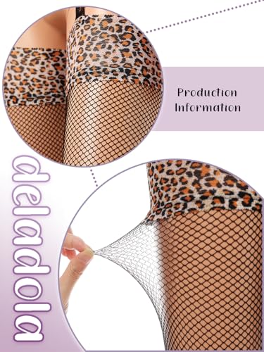 Image of deladola Leopard Print Fishnet Stockings,Black,Thigh high Garter Suspender Pantyhouse for Women