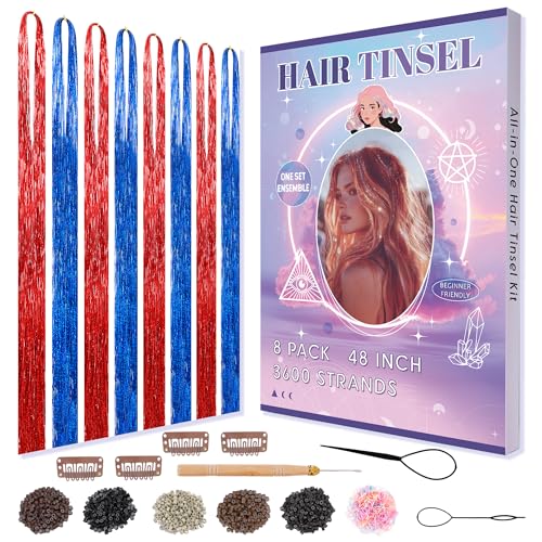 Hair Tinsel Blue and Red Fairy Hair Tinsel Kit for Teen Girls Heat Resistant Glitter Hair Extensions for july 4th 2026 Holiday Christmas Party Festival(USA 48 Inch)