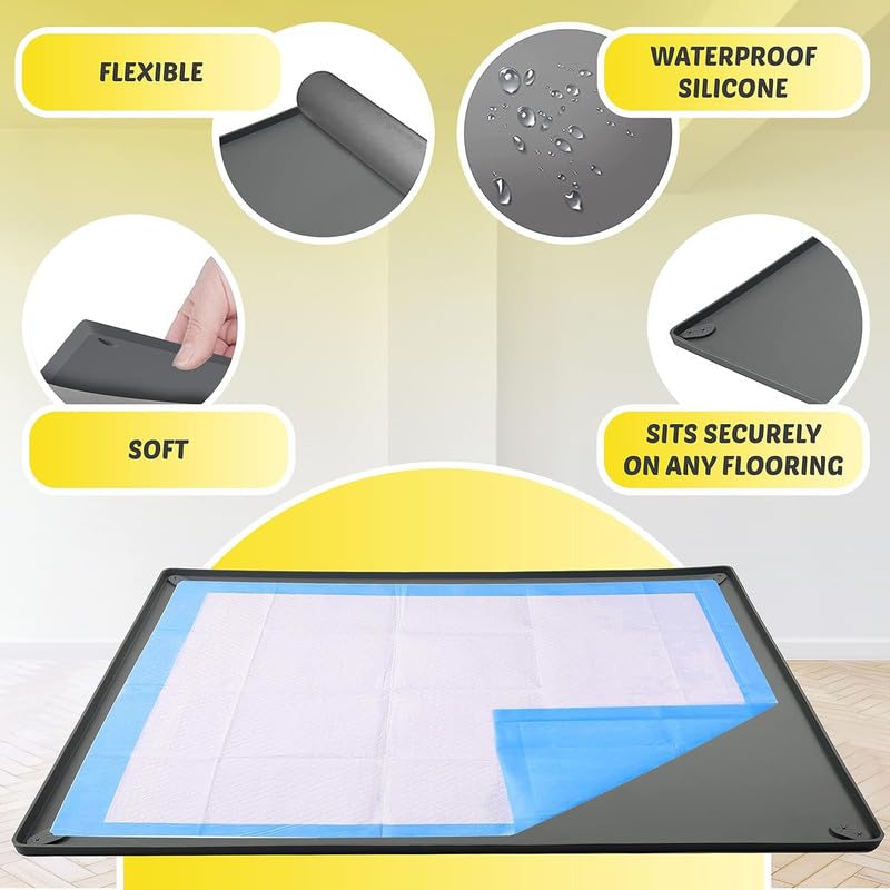 Image of TidyFriend Puppy Pad Holder Tray Fits for 28 inch x 34 inch Pee Pads with Corner Lock Holes, Raised Edges, Non-Spill, Easy to Clean Silicone Puppy Potty Tray Holder, for Indoor Floor Protection (Grey)