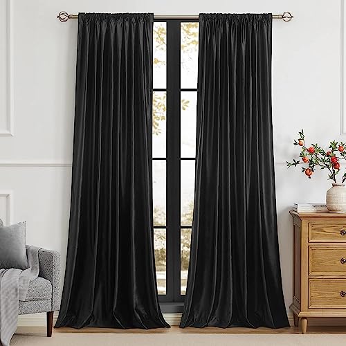 Image of PRIMROSE Black Curtains 90 inch for Living Room Velvet Drapes Blackout Rod Pocket Back Tab Window Treatment Semi Room Darkening Decor Curtains for Bedroom Set of 2 Panels