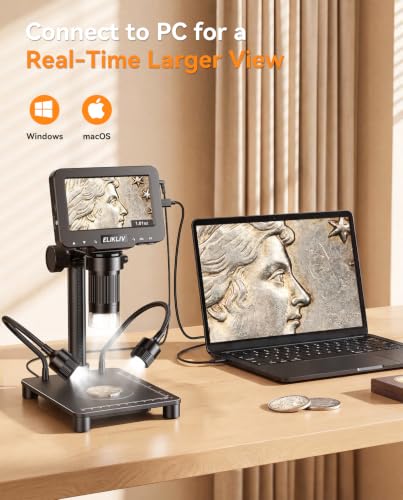 Image of Elikliv Microscope with Weighing Scale, Digital Magnifier for Error Coins, Jewelry Magnifying Glass with Lights, 4.3 inch LCD Screen 12MP Camera 1080P Video USB PC View for Adults Collectors Supplies