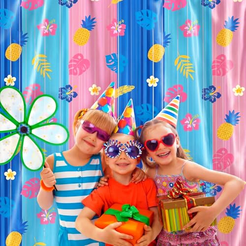Image of Tiamon 2 Pack Cartoon Hawaiian Party Decorations 3.3 x 6.6 Ft Blue Pink Hawaiian Foil Fringe Curtains Wall Backdrop Tinsel Streamers Photo Booth for Tropical Luau Baby Shower Birthday Party Supplies