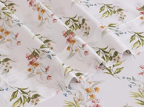 RUVANTI 100% Cotton King Size Sheets Set, 4 Pieces, Soft & Breathable Percale Weave Bedding, Deep Pocket 16", Hotel Standard, Crisp Cool Feel, Durable, Perfect Floral Bed Sheet, Floral Bliss