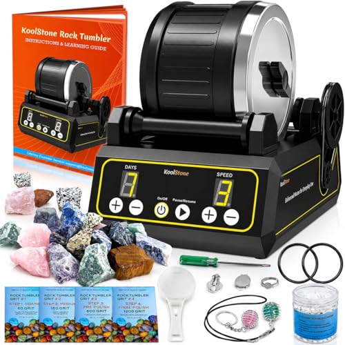 KoolStone C1 Rock Tumbler Kit - Large 2.5LB Rotary Rock Tumbler for Adults & Hobbyists, Quiet Rubber Barrel, Adjustable Timer & Speed, Complete Gem Polishing Kit with Memory Function
