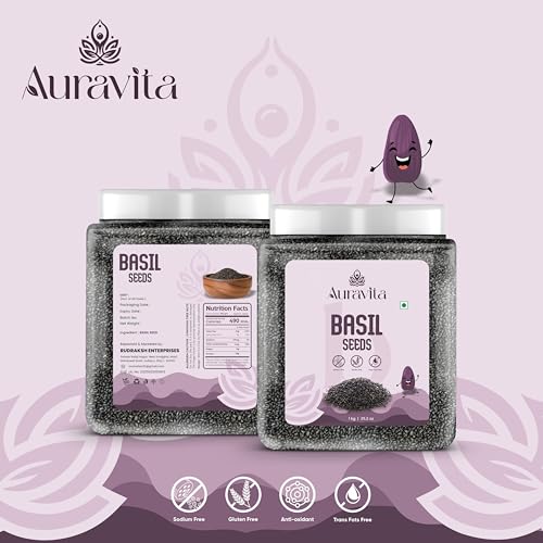 Image of Auravita Premium Raw Sabja Basil Seeds 1kg (Pack Of 1) Nutrient-Rich, Pure Basil Seeds For Healthy Drinks, Smoothies, And Recipes