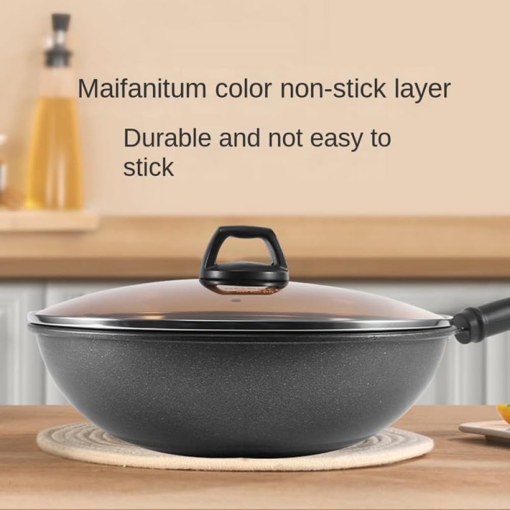 Wok Cinese da 126 Pollici Antiaderente pressofuso AntiGraffio con Coperchio per Piani Cottura a induzione in Ceramica elettrici e a Gas - 28 cm,28 Centimetri
