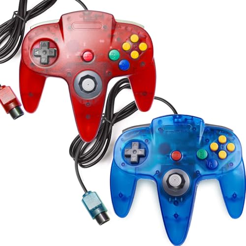 Image of miadore 2 Packs Classic 64 Wired Controller Joystick for N64 Video Game System N64 Console (Clear Red and Blue)