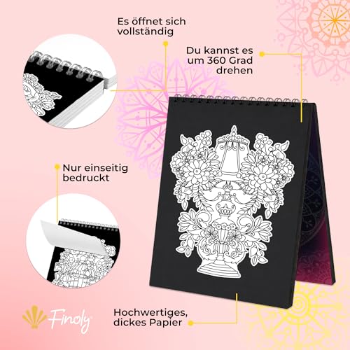 Finoly Malbuch für Erwachsene Blumen A4 Stressabbau | Erwachsenen Malbuch Dickes Papier Anfänger und Fortgeschrittene | Anti Stress Malbuch für Erwachsene Tinte Durchdringt Nicht (Nacht)