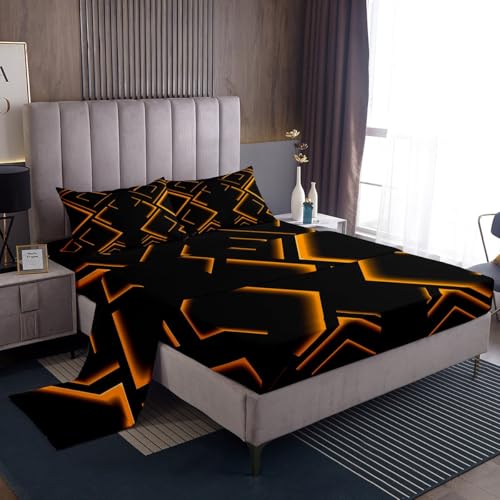 jejeloiu Geometric Abstract Ombre Bed Sheets Set Kids Twin Size Black and Orange Striped Bedding Set for Boys Girls Teens Modern Simple Fashion Art Fitted Sheet Room Decor