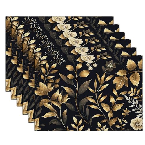 Juego de 4 Salvamanteles Individuales Plantas De Otoño Manteles Individuales Flores De Papel Dorado Lavables Manteles Individuales Resistentes al Calor para Mesa de Cocina Restaurantes, Bronce Dorado