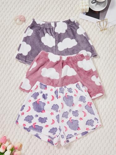 Verdusa Women's 3 Pieces Fuzzy Pajama Shorts Cartoon Graphic Flannel Sleep Pj Lounge Bottoms3