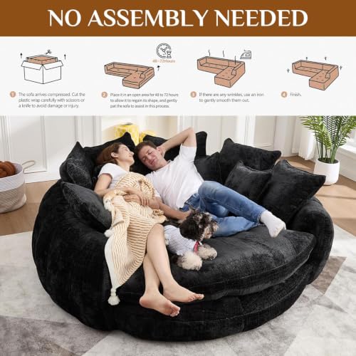 Image of 81 inch Round Sofa Bed Big Bean Bag Round Chaise Lounge Oversized Round Couch Boneless Reading Chair Plush Fluffy Chenille Large Chaise Chair for Living Room, Bedroom, Apartment, Black