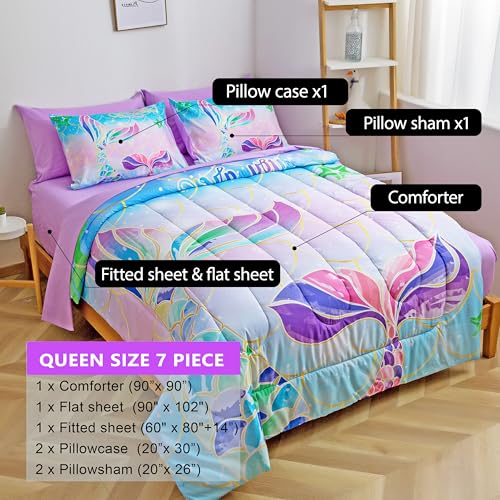 Image of Purple Mermaid Queen Bedding - Kids Comforter Sets for Girls, 7-Piece Soft Set with Matching Sheets and Pillow Sham