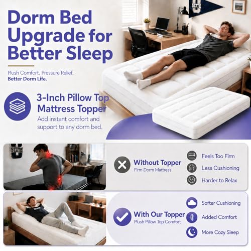 Image of ABENE Twin XL Mattress Topper for College Dorm Room Essentials, 3 Inch Dual Layer Memory Foam with Plush Pillow Top, Extra Long Dorm Bed Topper for Back Pain Relief and Comfortable Sleep