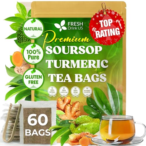 Image of FreshDrinkUS, Premium 60 Soursop Turmeric Tea Bags, 100% Natural, Blend of Soursop Leaves, and Turmeric Root. Made with Natural Material Tea Bags. No Sugar, Vegan.