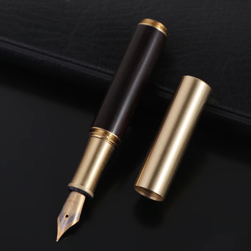 Vintage Brass Luxury Mini Pocket Wood Fountain Pen, Mini Pocket Wood Calligraphy Pen with Fine Tip for Students(B)